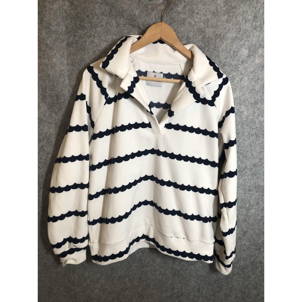 Dudley Stephens Sweater Womens Small White Navy Stripe Fleece Nautical Pullover